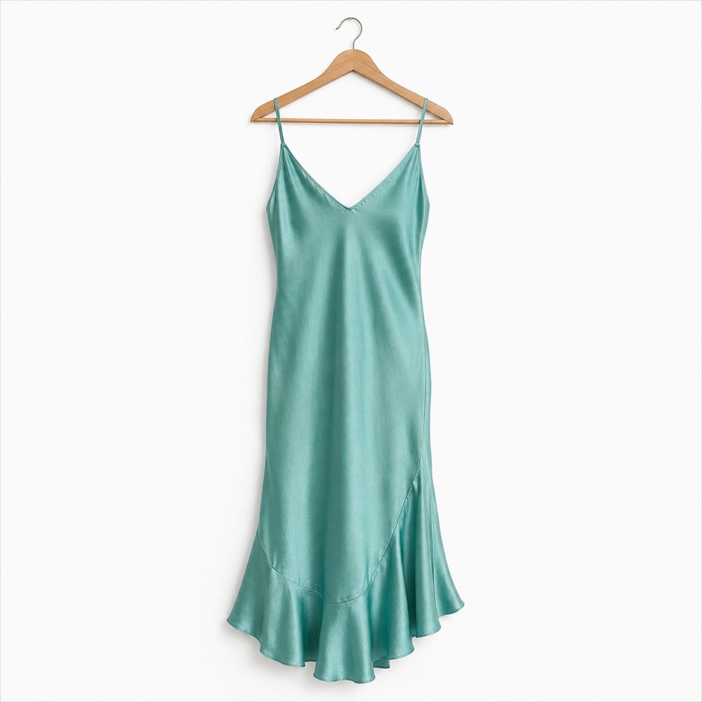 VTG. Satin Slip Dress Nightgown Womens L Teal Fairy Coquette Maxi Feminine USA